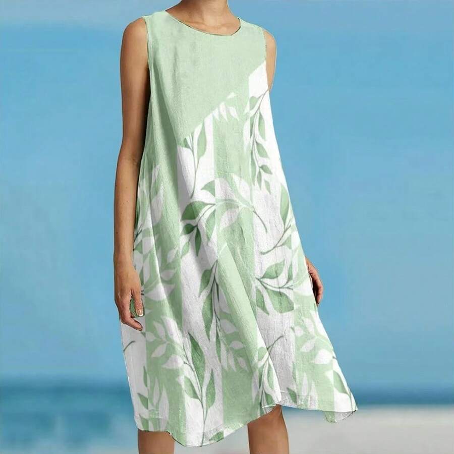 Women's Sleeveless, Printed, Loose-Fitting Casual Mini Dress (Holiday Style) - Green - View 1