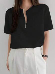 -Less Camiseta de manga corta con media abertura de unicolor y estilo minimalista para mujer, de uso casual y de negocios - Azul marino - Ver 9