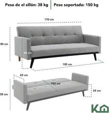 Kingshouse |   Sillón Sofá Cama Plegable - Sala Moderna Minimalista - Tapizado Poliéster - Estructura Madera - 3 Personas - Departamento o Casa - Color Gris - Beige - Ver 12