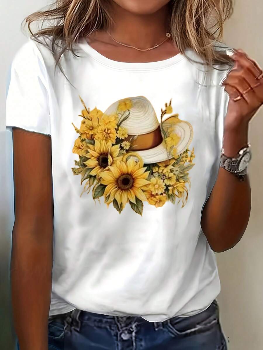 Women's Clothing Korean Retro Sunflower Print T-Shirt - Short Sleeve Round Neck Blouse, Suitable For Summer, Regular Fit, No Hidden Floral Design, Casual Blouse - 白色 - 查看 1