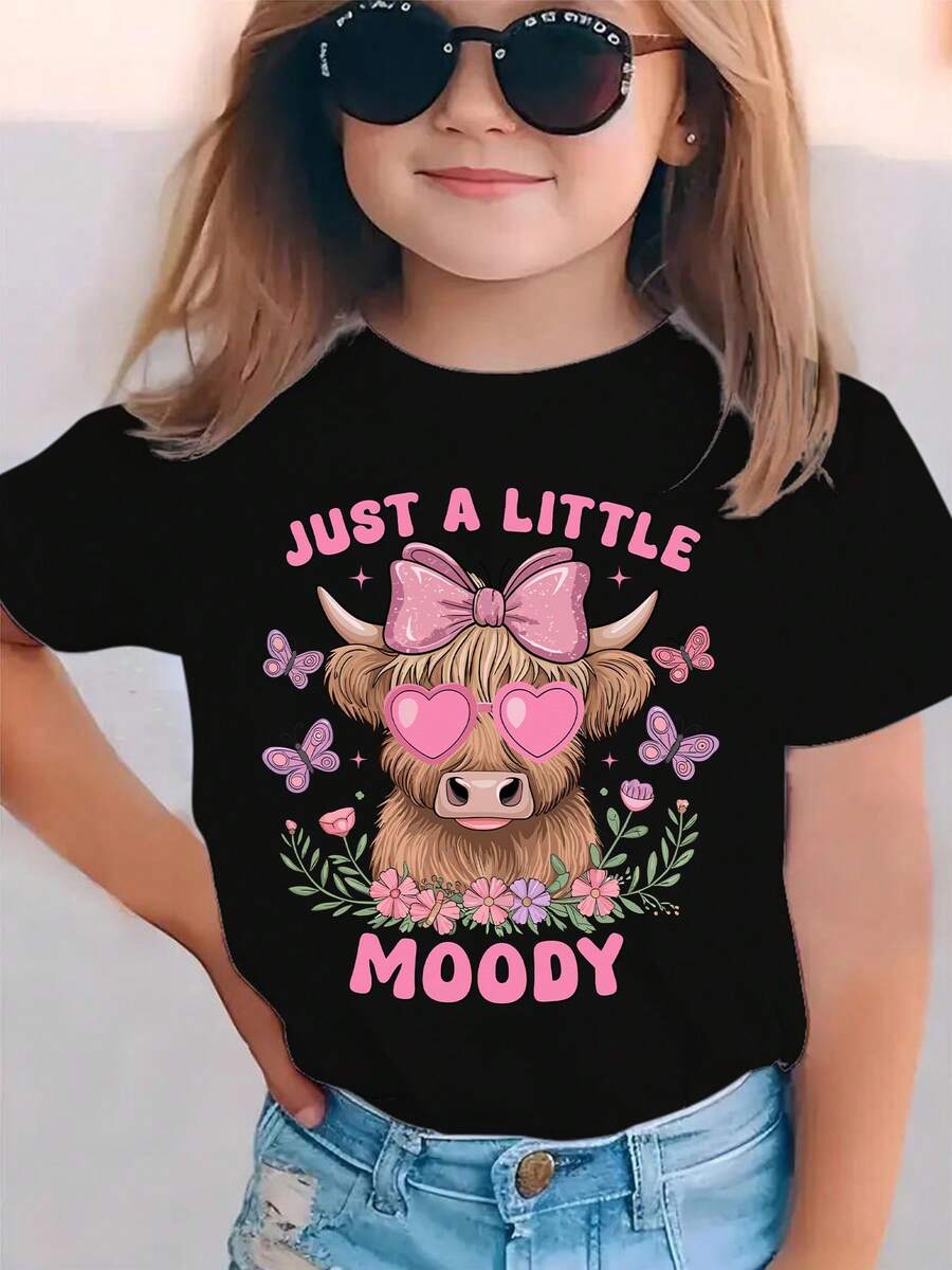 Girls' Short-Sleeved T-Shirt, Summer Style, With The Phrase "JUST A LITTLE MOODY", Pink Bow, Heart-Shaped Sunglasses And Cartoon Print With Flying Butterflies, - 黑色 - 查看 1