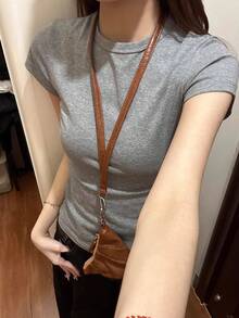 Camiseta verano gris mujer cuello redondo manga corta ajustada adelgazante para combinar - Blanco grisáceo - Ver 6