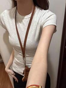 Camiseta verano gris mujer cuello redondo manga corta ajustada adelgazante para combinar - Negro - Ver 6