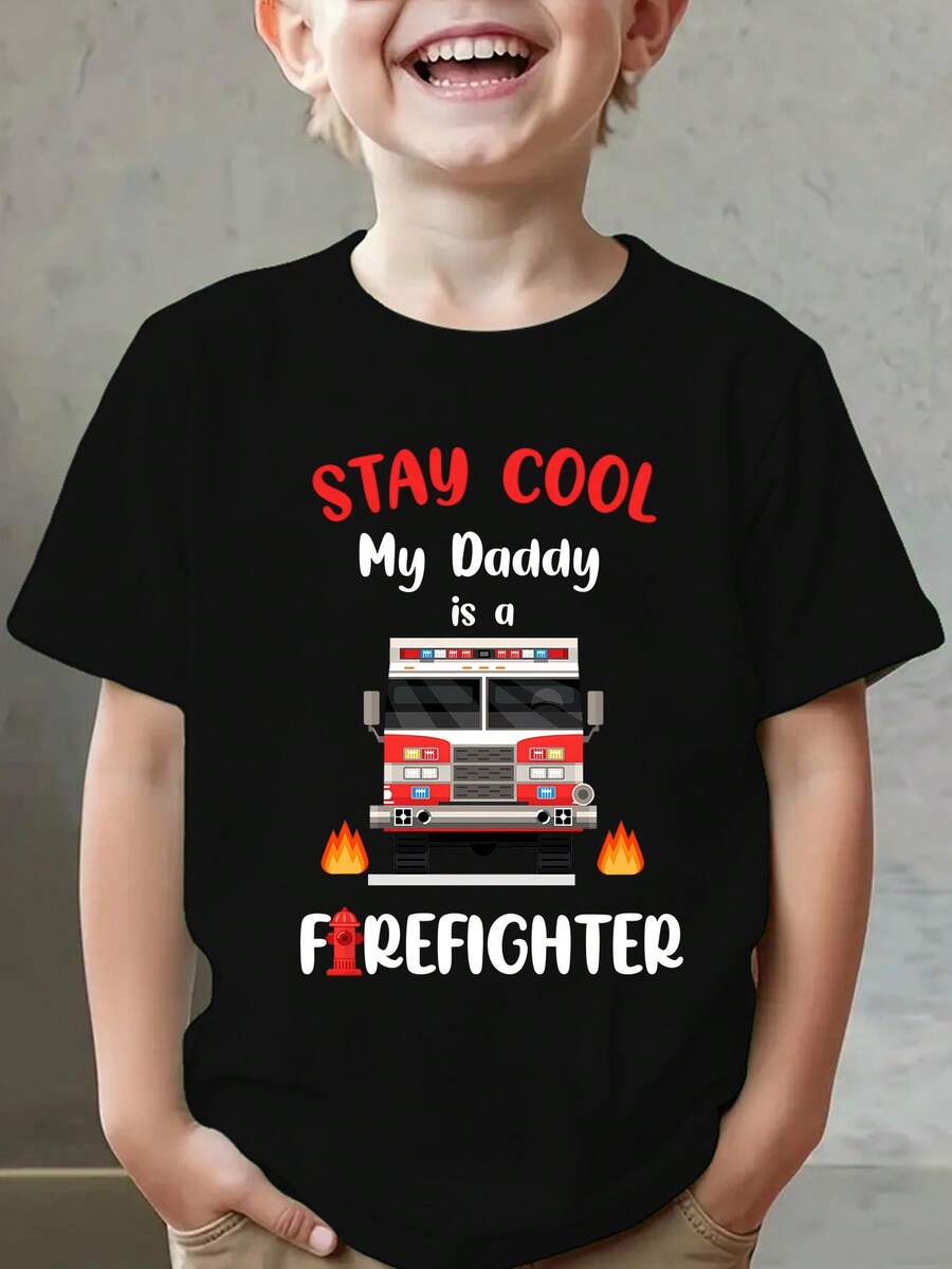 Summer Fashion Short Sleeve T-Shirt For Kids "STAY COOL My Daddy Is A FIREFIGHTER" With Fire Truck Cartoon Print, Casual Outdoor Top NY-DX9673 - 黑色 - 查看 1