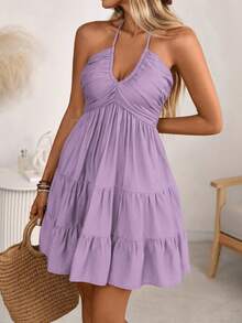 Women's Halter V-Neck Mini Dress, Ruched And Layered, Sleeveless, Ideal For Beach Vacations, Casual Daily Wear And Outdoor Picnic Outfits. - 紫羅蘭 - 查看 4
