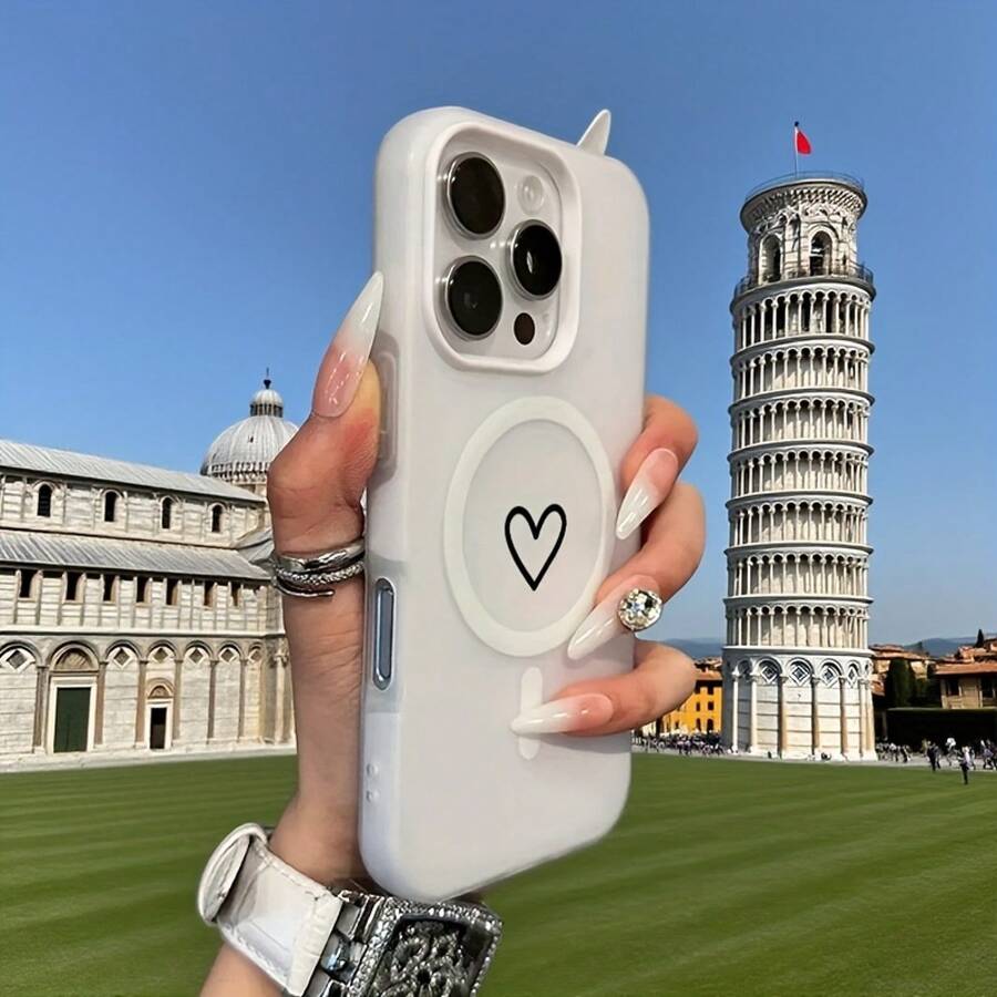 Phone Case - A Minimalist Heart Design, A Two-In-One Magnetic Wireless Charging Phone Case With A Jelly-Like Feel In Pastel Colors, Suitable For Halloween, New Year, Christmas, And Easter Gifts, Perfect For Family And Friends - 白色 - 查看 1
