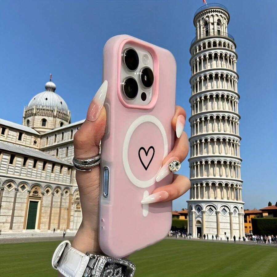 Phone Case - A Minimalist Heart Design, A Two-In-One Magnetic Wireless Charging Phone Case With A Jelly-Like Feel In Pastel Colors, Suitable For Halloween, New Year, Christmas, And Easter Gifts, Perfect For Family And Friends - 粉色 - 查看 1
