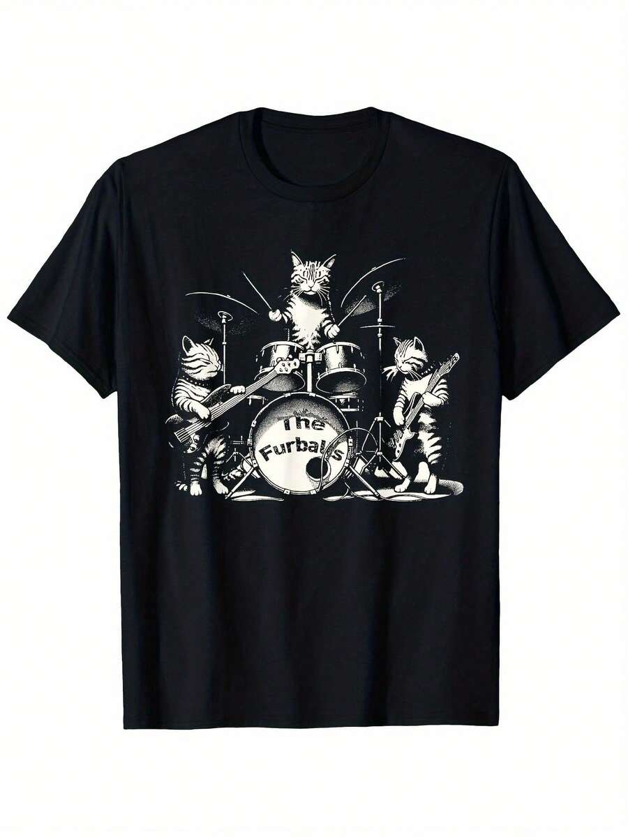 New Model for 2026 Humorous Feline Band Rock Heavy Metal T-Shirt - Black Graphic Tee Featuring Drummer, Guitarist, And Bassist Cats - The Purr-Fathers - Made from Soft, Breathable Material S - Negro - Ver 1