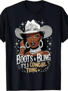 Women's T-Shirt, Boots And Sparkly Accessories - Western Country Style, Attractive And Fun Black T-Shirt For Women, Suitable For Spring And Summer, Elegant Clothing For Women, Clothing - 黑色 - 查看 1