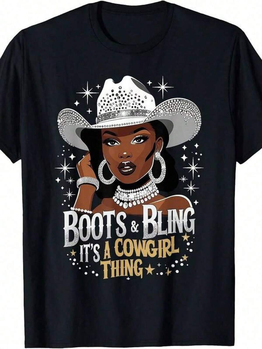 Women's T-Shirt, Boots And Sparkly Accessories - Western Country Style, Attractive And Fun Black T-Shirt For Women, Suitable For Spring And Summer, Elegant Clothing For Women, Clothing - 黑色 - 查看 1