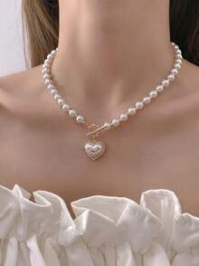 1pc Faux Pearl Heart Pendant Necklace - Multicolor - View 4
