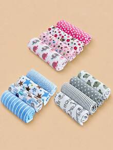 4pcs Multi-Color Newborn Swaddle Blanket Set. Single Layer Cartoon Swaddle Blanket, Printed Bed Sheet For Baby Warmth And Care, Neutral Baby Swaddle Blanket Set, Simple And Cute Design, Perfect Birth Gift For Baby - 藍色 - 查看 9