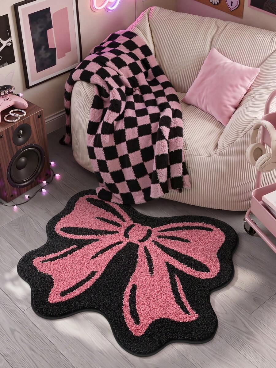 1pc Bathroom Floor Mat Carpet, Flocked Soft Comfortable Foot Feel, Bow Pattern, TPR Backing Non-Slip, Suitable For Kitchen, Outdoor, Indoor, Hallway, Bedroom, Living Room, Bedside, Easy To Clean Machine Washable Carpet, Bedroom Bathroom Decor