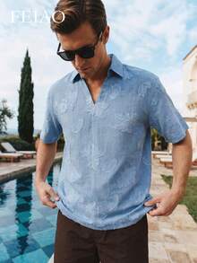 FEIAO Men's Vintage "Old Money" Style Blue Embroidered Shirt: A Versatile, High-Quality Pullover, Perfect For Casual Vacation - Blue - View 1
