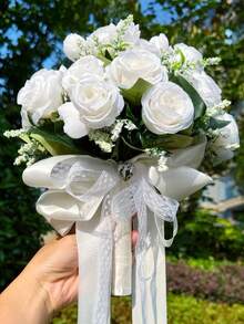 1件象牙白人造玫瑰花束，適合新娘與伴娘，婚禮求婚派對教堂花束裝飾 - 彩色 - 查看 4