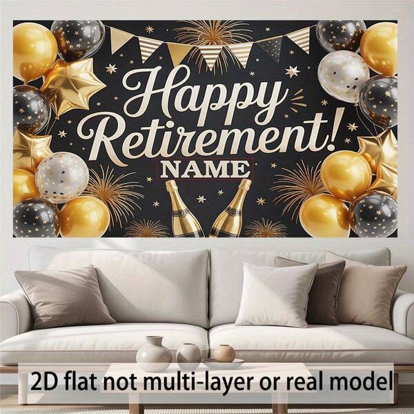 2D Flat, 1pc Personalized Retirement Banner - Custom Name Party Decoration With Champagne & Fireworks Design - Black/Golden/Party Colors - Durable Polyester Banner For Retirement, Birthday, Wedding, Photo Backdrop - Easy-To-Hang Celebration Decor, Ev