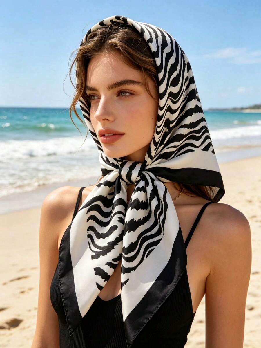 Lenço quadrado em poliéster com padrão geométrico e estampado leopardo - Preto e branco - Ver 1