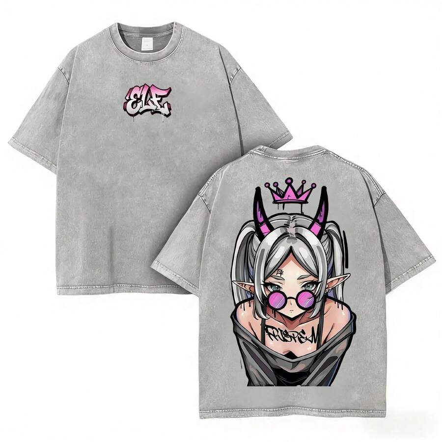 Frieren Streetwear Washed Vintage Anime T-Shirt | Demon Elf Girl Graphic Tee With Purple Crown | Plus Size Retro Shirt | Unisex Thick Cotton T-Shirts - 灰色 - 查看 1
