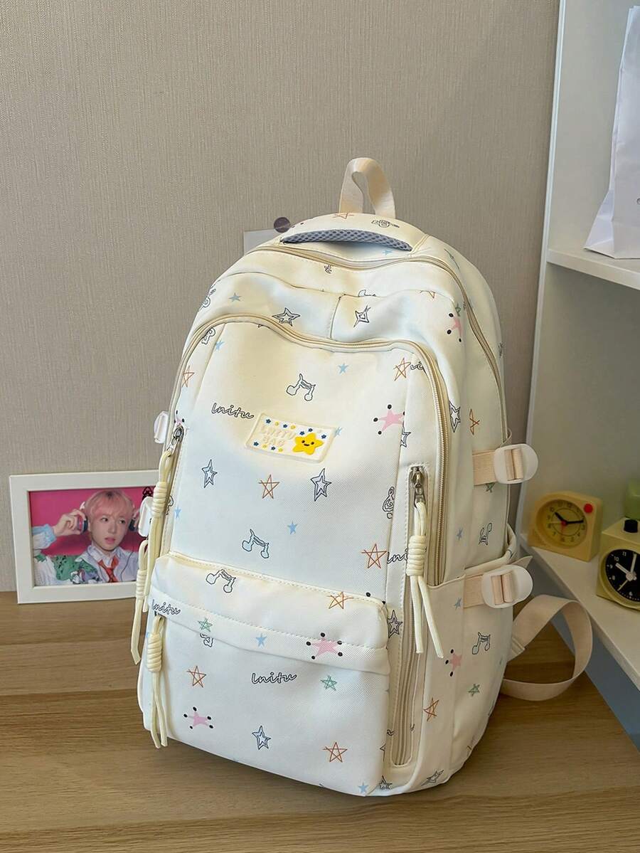 Star & Musical Note Print Backpack, Cream White Girly Style School Bag, Large Capacity Student Commuter Backpack