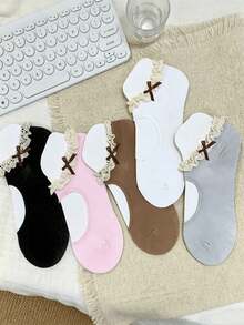 1/5 Pairs Summer Sweet Versatile Lace Trim Bow Boat Socks (Socks Without Board) - Multicolor - View 2