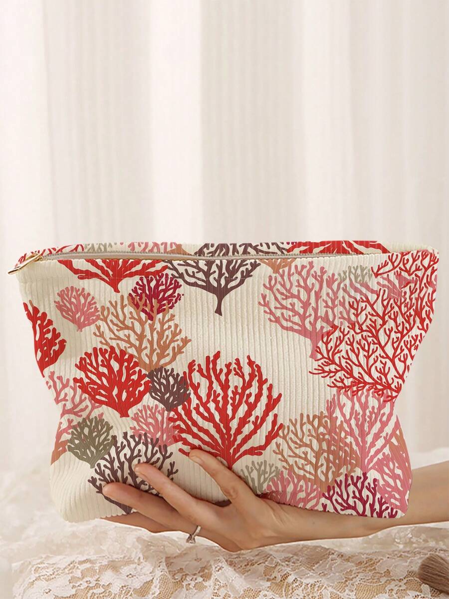 1pc Portable Cosmetic Storage Bag Coral Pattern Double-Sided Print Travel Zipper Makeup Bag Multi-Functional Toiletries Organizer - Multicolor - View 1
