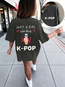 Camiseta gráfica para pre-adolescentes <<Solo un fan de K-pop>>, ideal para uso casual, fiestas y como una prenda de verano a la moda para chicas jóvenes entusiastas del K-pop. - Gris - Ver 1