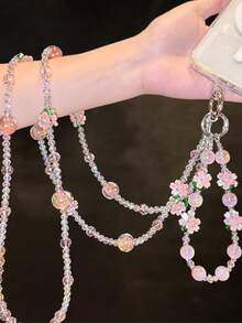 1pc [Lucky Lotus] Pink Peach Blossom Crystal Chain, Luxury High-End Spring/Summer New Fashion Handheld Phone Lanyard, Camera Universal Hanging Decoration, Phone Chain - Multicolor - View 3
