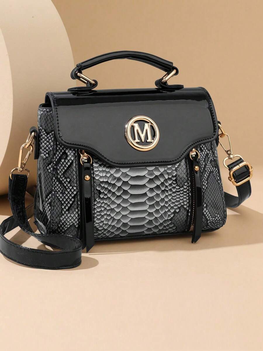 Retro Minimalist Printed Crossbody Bag With Adjustable PU Strap, Flap Closure, New Year - Army Green - View 1