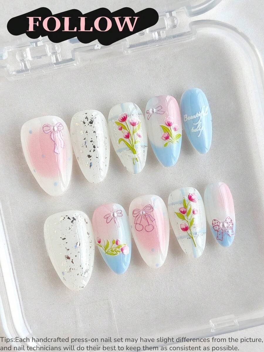 10片手工穿戴式美甲貼片 杏仁形 可愛夏季風 白色藍色亮片蝴蝶結花卉櫻桃腮紅條紋 手繪可重複使用美甲套組 適合日常派對附美甲工具