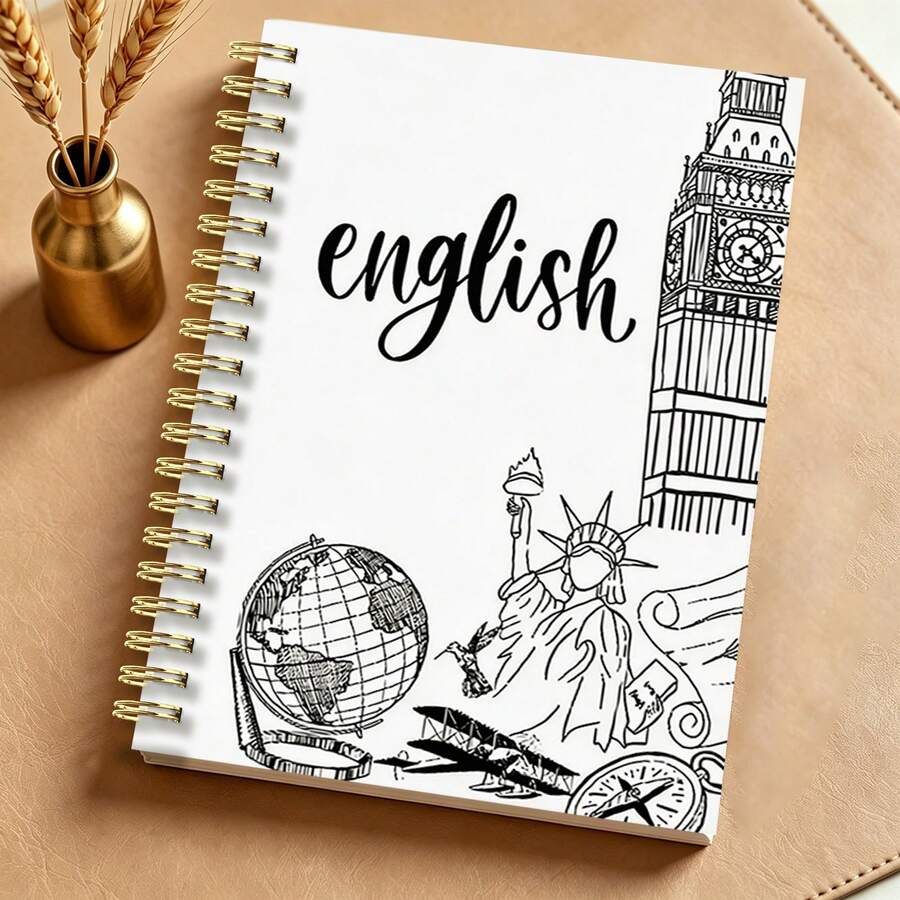 1PC A5 Spiral Journal, Vintage World Landmark Sketch English Notebook, Simple Line Drawing Academic Stationery, Practical Gift For Adult English Learning Lovers - Multicolor - View 1