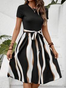 Elegant Summer Dress With Belt And Color Blocks For Everyday Wear, With Short Sleeves, For Cross-Border Women - 黑色 - 查看 1