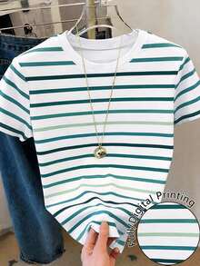 Resyla Women's Short Sleeve T-Shirt With Round Neck And Striped Print, Suitable For Summer Holidays And Everyday Wear - 多色 3 - 查看 1