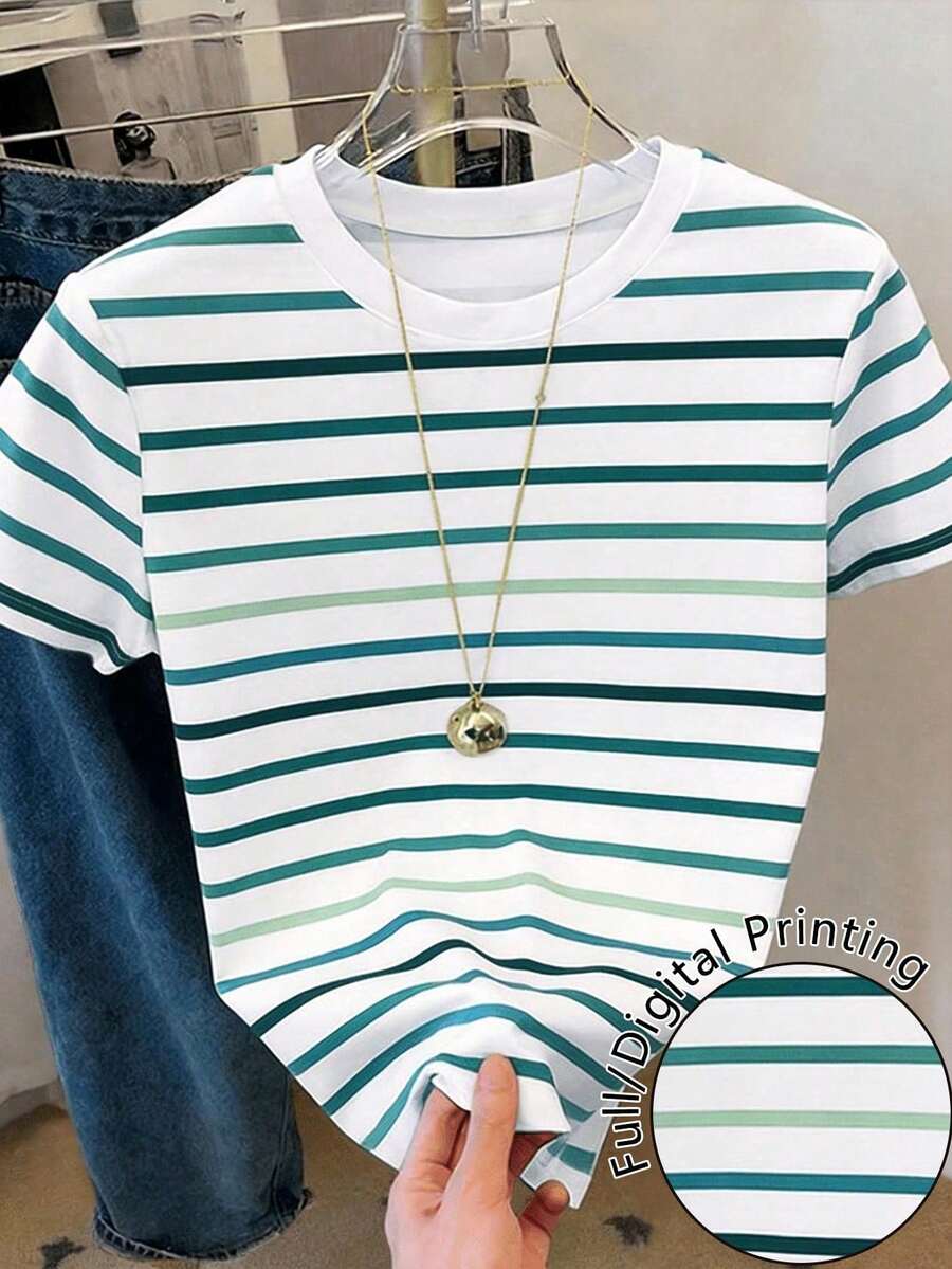 Resyla Women's Short Sleeve T-Shirt With Round Neck And Striped Print, Suitable For Summer Holidays And Everyday Wear - 多色 3 - 查看 1