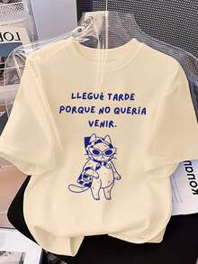 New Fashion Women's Crew Neck Shirt, Casual Short Sleeve Crew Neck T-Shirt With Cool Cat Print, Size, Black, Spring 2026 - 杏色 - 查看 1