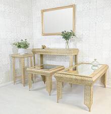 DOWNTON INTERIORS UK NEXT DAY SHIPPING Gold Embossed Metal Glass Moroccan Style Console Table - Gold - View 6