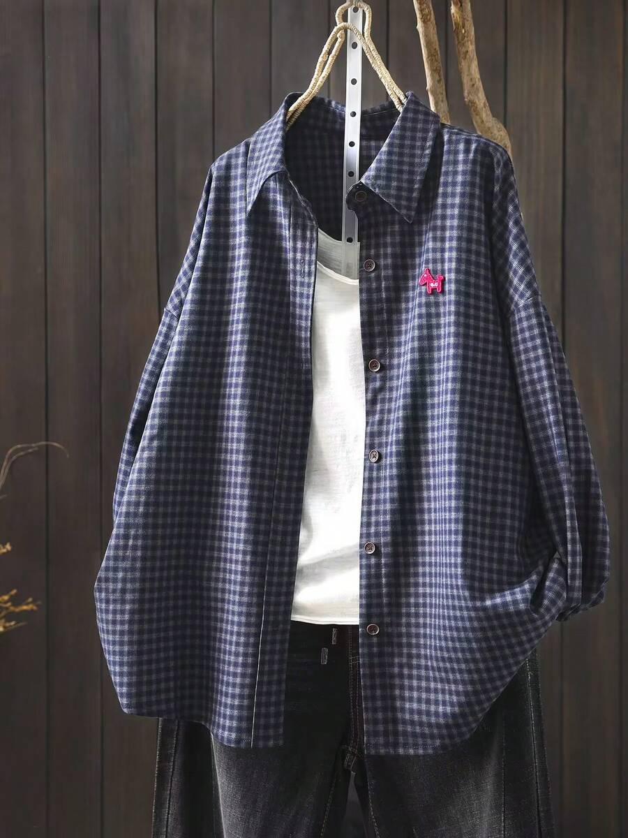 女款秋季時尚百搭格紋單排扣長袖拼接襯衫 - 深藍色 - 查看 1