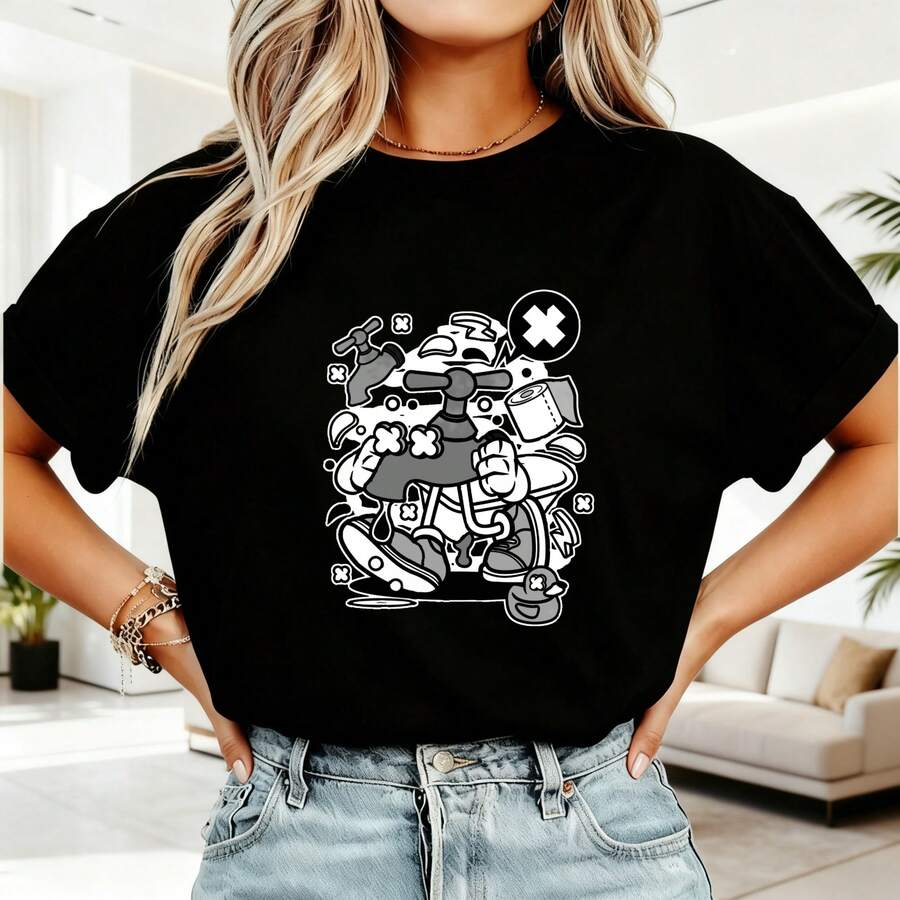 Diseño de videojuegos con personajes divertidos, Camiseta negra, Estilo gráfico con manga corta y cuello redondo para mujeres, Ideal para looks casuales y verano, Cómoda y fresca para el día - Negro - Ver 1