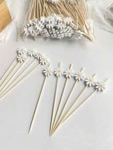 1/50/100pcs White Daisy Decorative Picks, Suitable For Fruit, Dessert, Snack And Cocktail Decoration, Applicable For Daily Home (Tableware) And Party (Dessert Table, Cocktail Party) - View 4