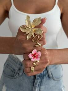 6pcs/Set Bohemian Ocean Style Asymmetrical Flower Oil Drop Rings Set, Women's Jewelry Accessories - Gold - View 5