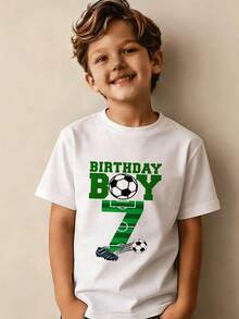 Boy's Number 7 Birthday Party T-Shirt, Featuring A "Birthday Boy" Print In Green Lettering, A Casual Short-Sleeved Sporty Style With Stadium Numbers And A Soccer Ball Design. - Biru - View 11