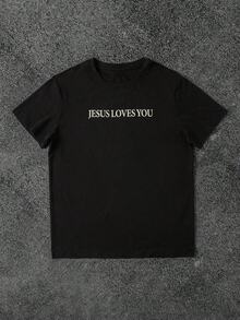 Manfinity Dauomo "Jesus Loves You" T-Shirt, Jesus T-Shirt, Christian T-Shirt, Aesthetic Clothing, T-Shirt With Bible Verse, Jesus T-Shirt, Christian Merchandise, Graphic Cue T-Shirt - 黑色 - 查看 4