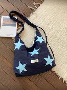Colorblock Five-Pointed Star Fabric Pleated Shoulder Bag, Breathable Wrinkled Fabric Lightweight And Easy To Fold, Extra Large Capacity To Hold All Study And Travel Essentials, Steady Navy Blue Paired With Soft Light Blue Stars, Suitable For Casual And Academic Style Outfits All Year Round - Navy Blue - View 5