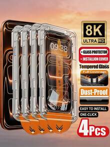 4PCS HD One Click Automatic Suction Dustproof Installation Tempered Glass Film Compatible With IPhone 17 Air 16 15 14 13 12 11 X/XS Pro Max Series Screen Protector 9H+High Aluminum Hardness Dustproof Earpiece Explosion-Proof, Scratch Resistant, Protection Film - Clear - View 15