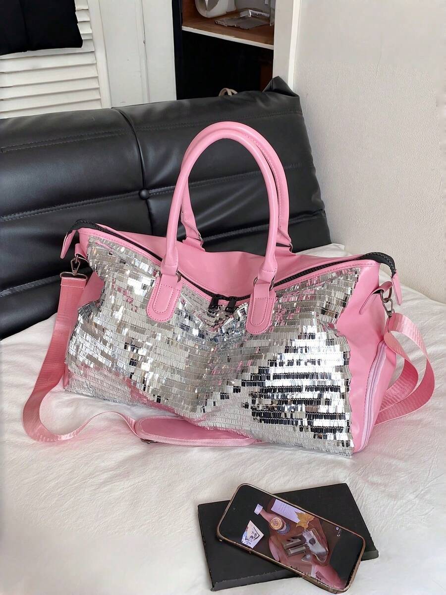 New Fashion Travel Bag, Single Color Minimalist Niche Design With Sequins, Elegant, Popular And Cool, Suitable For Short Trips, Fitness, With Separate Shoe Compartment. - 軍綠色 - 查看 1