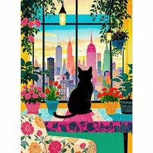 1pc DIY Black Cat And Window View Architecture Landscape 5D Diamond Painting Kit, Suitable For Adult Beginners DIY Mosaic Diamond Art, Full Drill Handmade Hobbyist Self-Design DIY Diamond Painting, Applicable For Living Room, Bedroom, Office Wall Decoration Hanging Painting, Surprise Holiday Home Decor Gift For Family And Friends, Frameless[30*40cm/11.8*15.7in][40*50cm/15.7/19.7in] - No Frame - View 1
