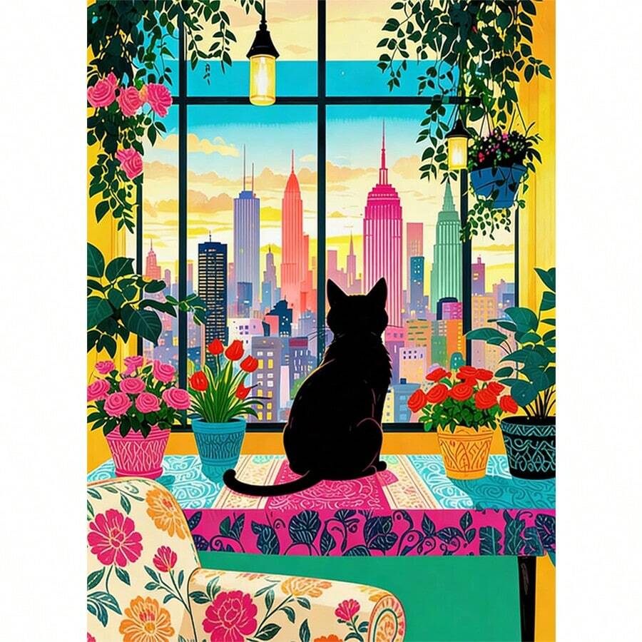 1pc DIY Black Cat And Window View Architecture Landscape 5D Diamond Painting Kit, Suitable For Adult Beginners DIY Mosaic Diamond Art, Full Drill Handmade Hobbyist Self-Design DIY Diamond Painting, Applicable For Living Room, Bedroom, Office Wall Decoration Hanging Painting, Surprise Holiday Home Decor Gift For Family And Friends, Frameless[30*40cm/11.8*15.7in][40*50cm/15.7/19.7in] - No Frame - View 1