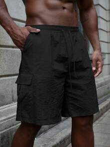 Men's Plain Color Summer Casual Shorts With Pockets - Black - View 5