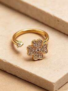 1pc Rotating Clover Ring, Adjustable Minimalist Open Ring, Diamond Inlaid Shiny Design, Summer Statement Jewelry, Light Luxury Elegant Accessory, Suitable For Women's Daily Decoration - Ring - View 7