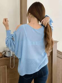 European Style Batwing Sleeve Sweater For Spring/Summer, Loose Top With V-Neck And Lantern Sleeves. - Sky Blue - View 5