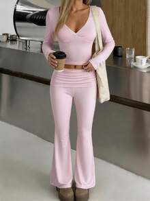2pcs Women Y2K Casual Daily Solid Color Minimalist Long Sleeve V-Neck Top And Skinny Pants Set, Autumn Pink Spring Elegant - 粉色 - 查看 7
